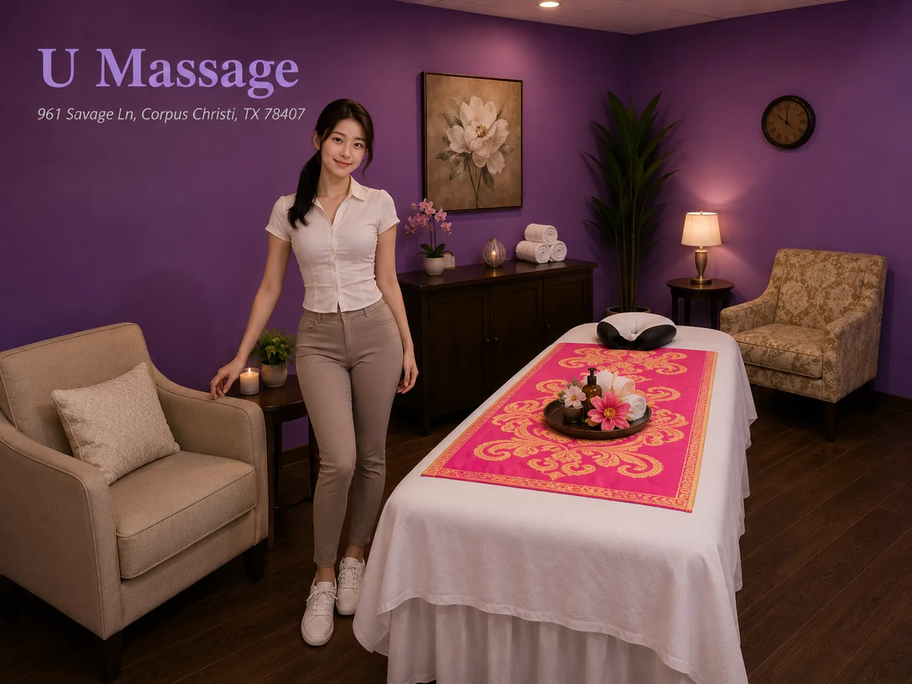 Welcoming massage therapist in a calm room at U Massage in Corpus Christi TX