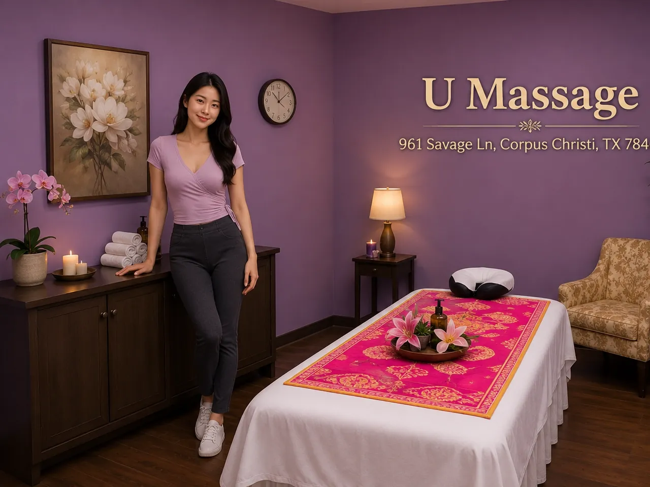 Friendly massage therapist welcoming a guest at U Massage in Corpus Christi TX