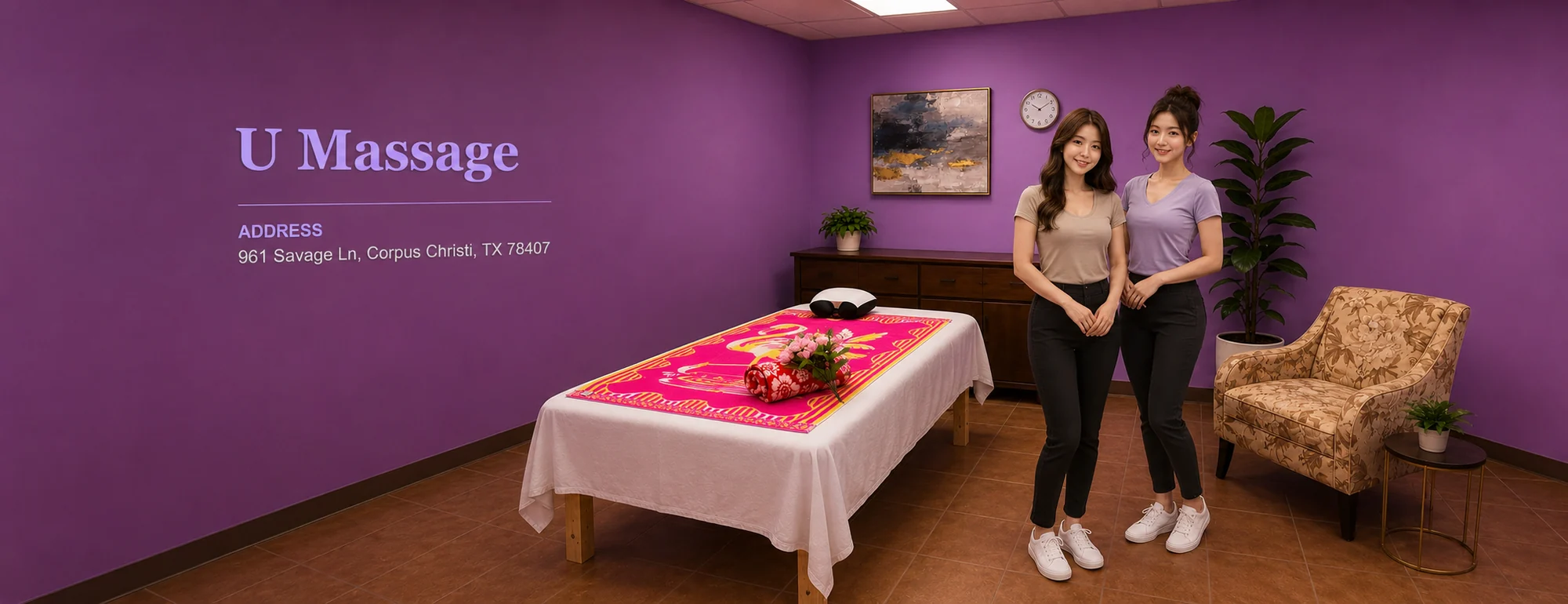 Two friendly massage therapists beside a freshly made massage table in a clean private room at U Massage, 961 Savage Ln, Corpus Christi, TX